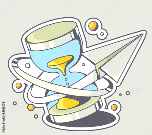 Vector illustration of paper plane flying around a blue sandglas
