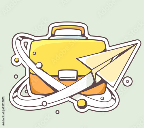 Vector illustration of paper plane flying around yellow briefcas