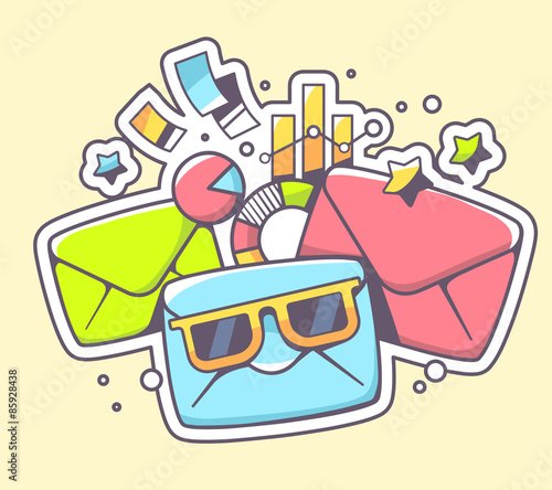 Vector illustration of envelopes with sunglasses and financial d