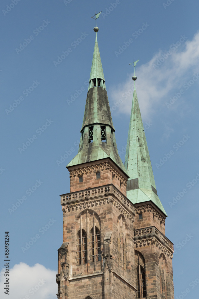 spires of the medieval St.Sebuldus Church in Nuremberg, Germany