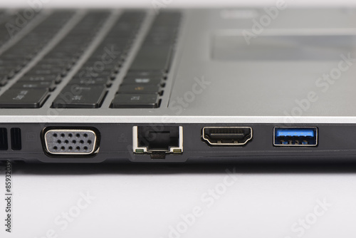 USB 3.0, LAN and graphic ports of laptop computer