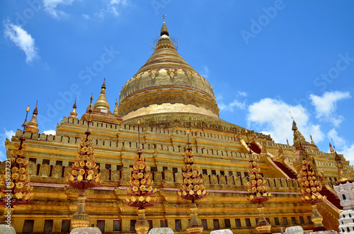The golden Shwezigon Pagoda or Shwezigon Paya in Bagan, Myanmar.
