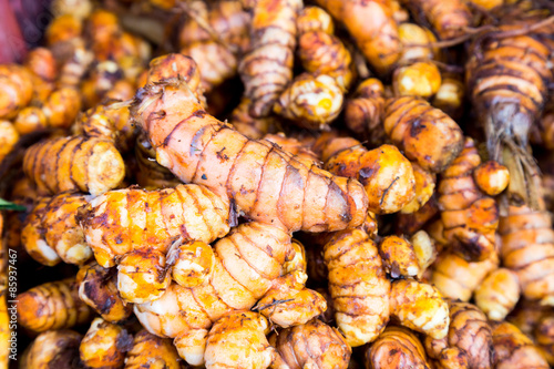 Heaps of freshly harvested turmeric roots