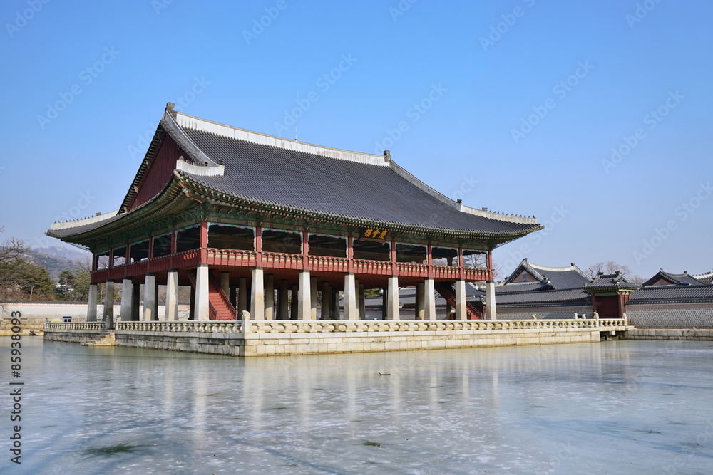 View of Gyeonghoeru in Gyeongbok Palace in Seoul, Korea View of Gyeonghoeru in Gyeongbok Palace in Seoul, Korea