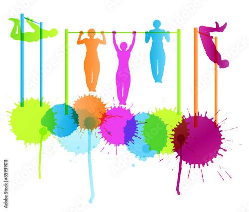 Muscular men doing pull ups bodybuilding fitness vector backgrou