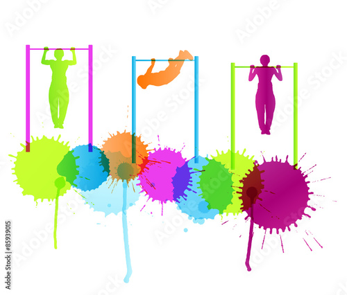 Muscular men doing pull ups bodybuilding fitness vector backgrou