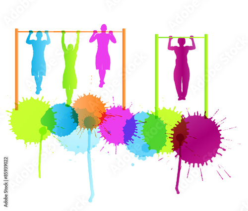 Muscular men doing pull ups bodybuilding fitness vector backgrou