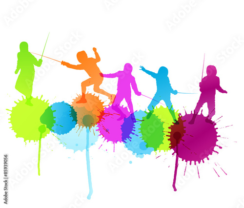 Fencing sport silhouette vector background concept with color sp