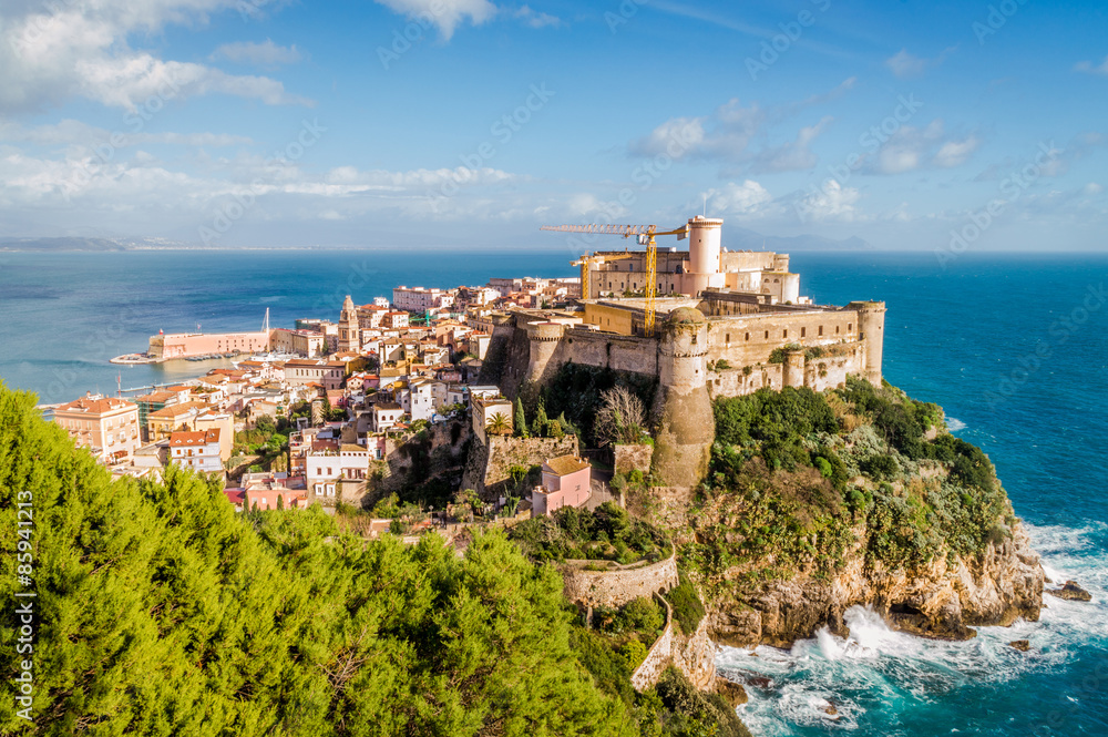 Medieval town of Gaeta with its fortress on a rock over the Mediterranean sea, Italy