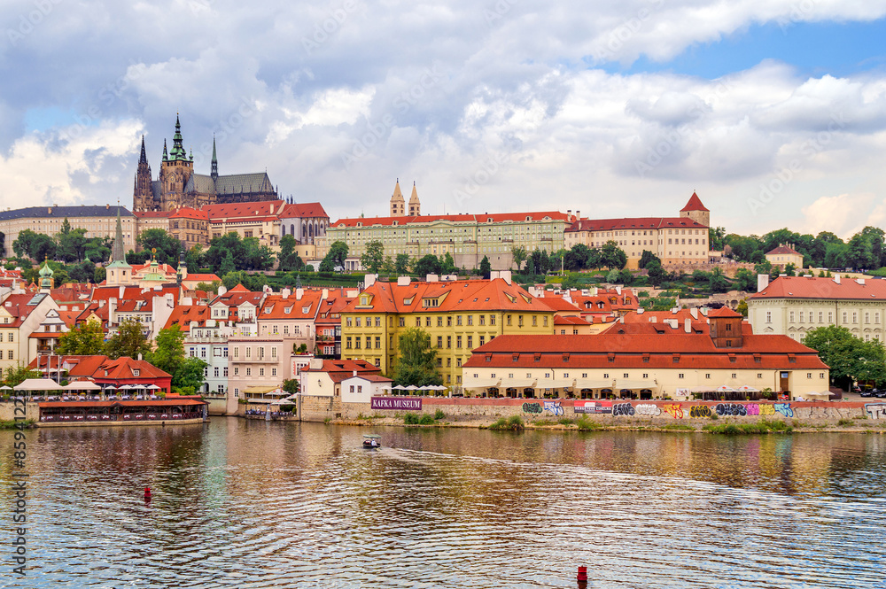 Prague, Czech Republic. A view of the Old town from the Charles' Bridge on the river Vltava
