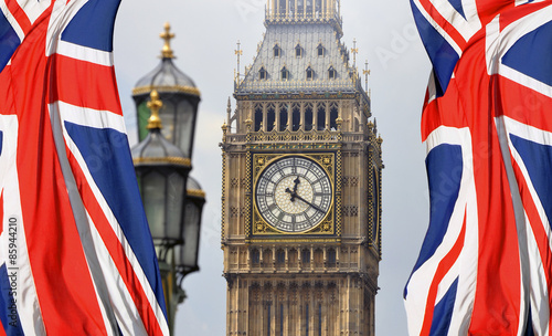 Big Ben in London and English flag photo