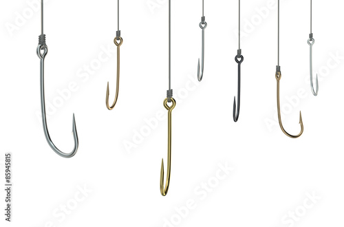 golden and silver fishing hooks on fishing line