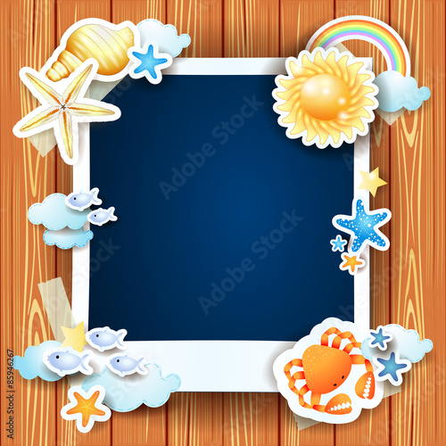 Summer background with photo frame and shells