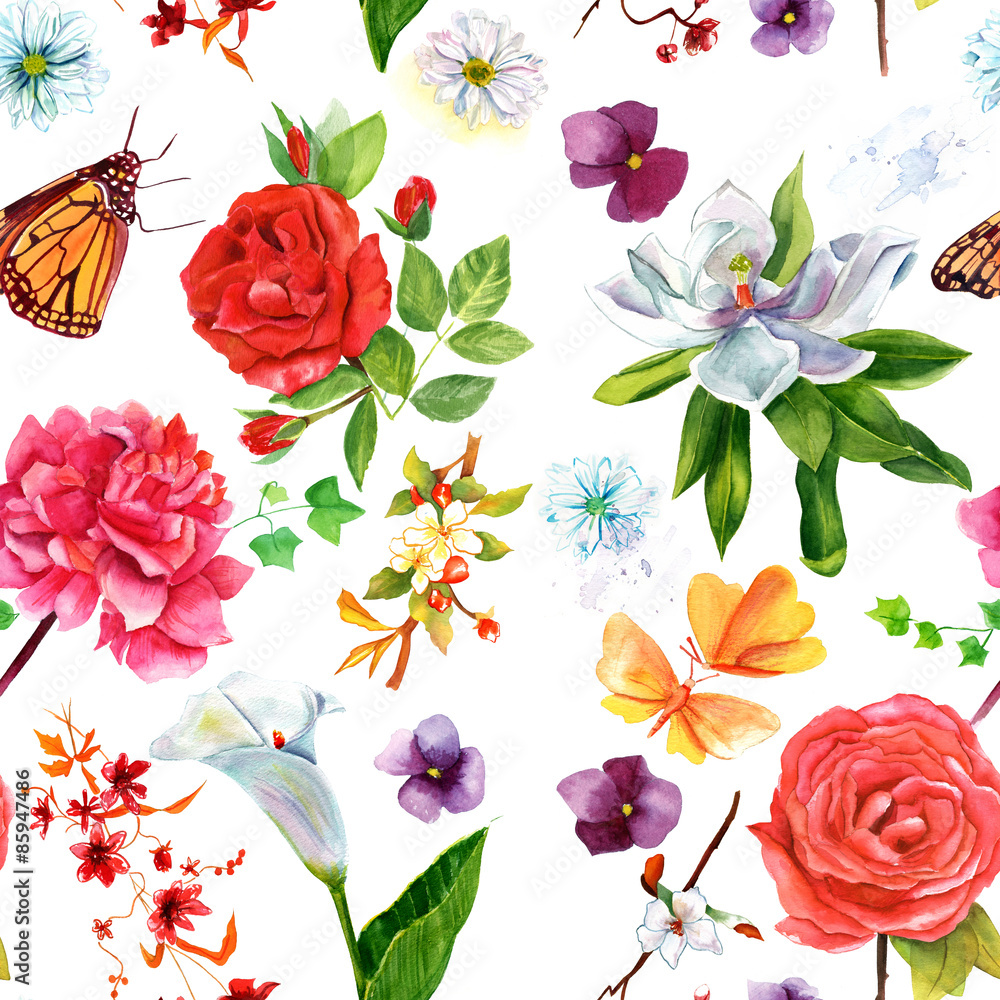 Seamless background pattern with roses, other flowers and butterflies