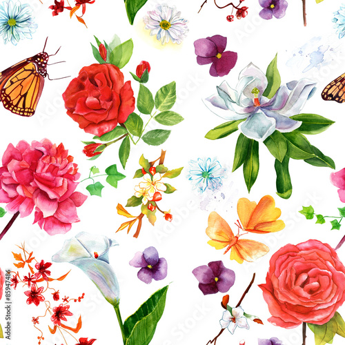 Seamless background pattern with roses  other flowers and butterflies
