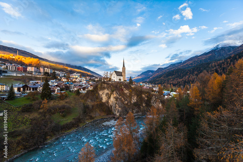 View of Scuol Town in Sunset