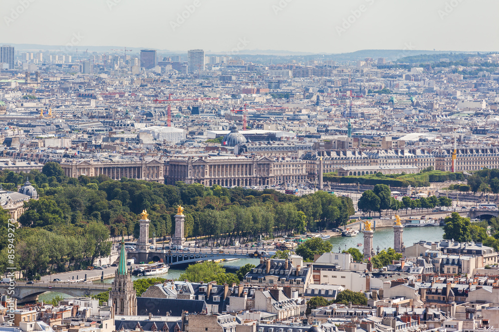 Aerial view of Paris Cityscape and Seine River