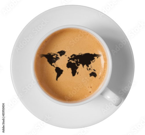 world map drawing art on coffee foam in cup