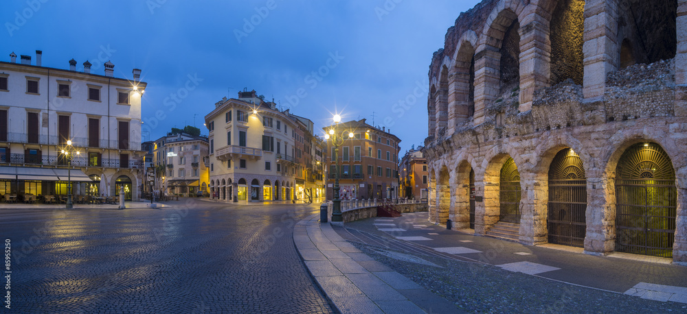 street and Arena di Verona in morning twilight in Italy