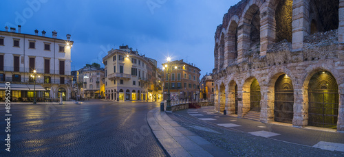 street and Arena di Verona in morning twilight in Italy
