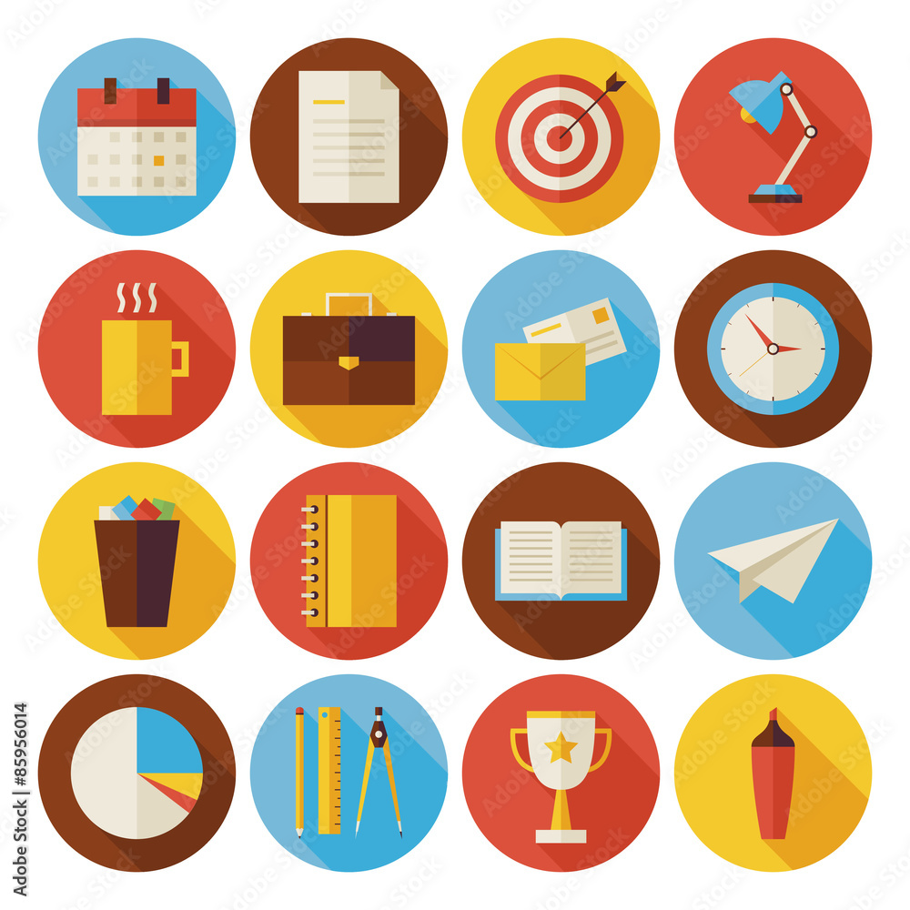 Vector Flat Business and Office Circle Icons Set with long Shadow Vector Flat Business and Office Circle Icons Set with long Shadow