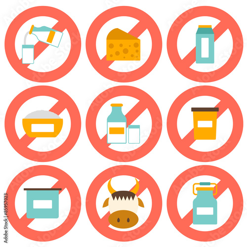 Set of modern flat icons with products containing lactose: milk
