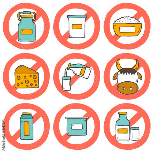 Set of modern cute cartoon hand drawn icons with products