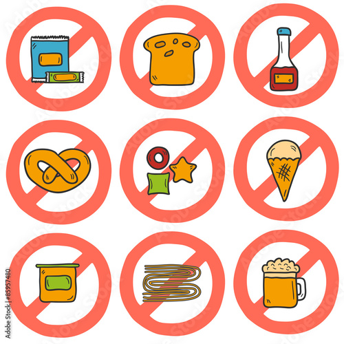 Set of cute cartoon hand drawn icons with allergic gluten