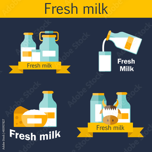 Set of cute flat templates for logos with milk products