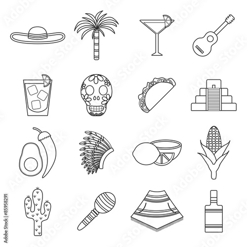 Set of flat outline icons on Mexica theme: sombrero, poncho