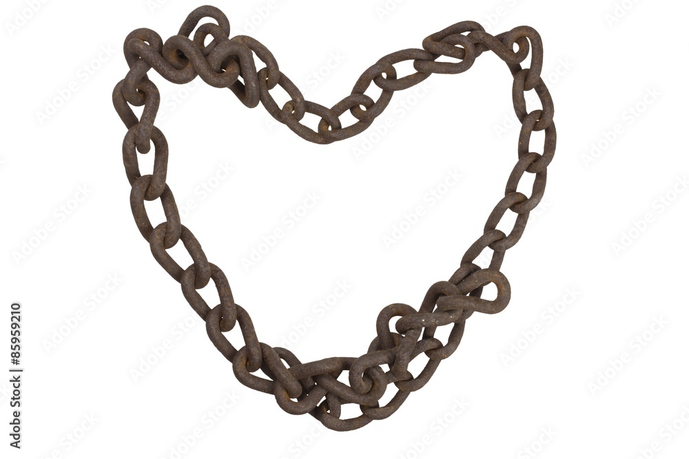 Heart of rusty chain. Old rusty iron chain folded into the shape of a heart. Old love never dies. Isolated on white.
Heart of rusty chain. Old rusty iron chain folded into the shape of a heart. Old love never dies. Isolated on white.