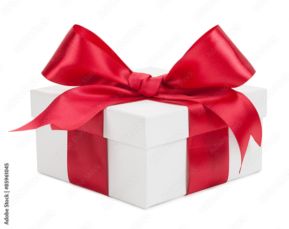 Fototapeta premium White gift box with red ribbon and bow isolated on a white backg