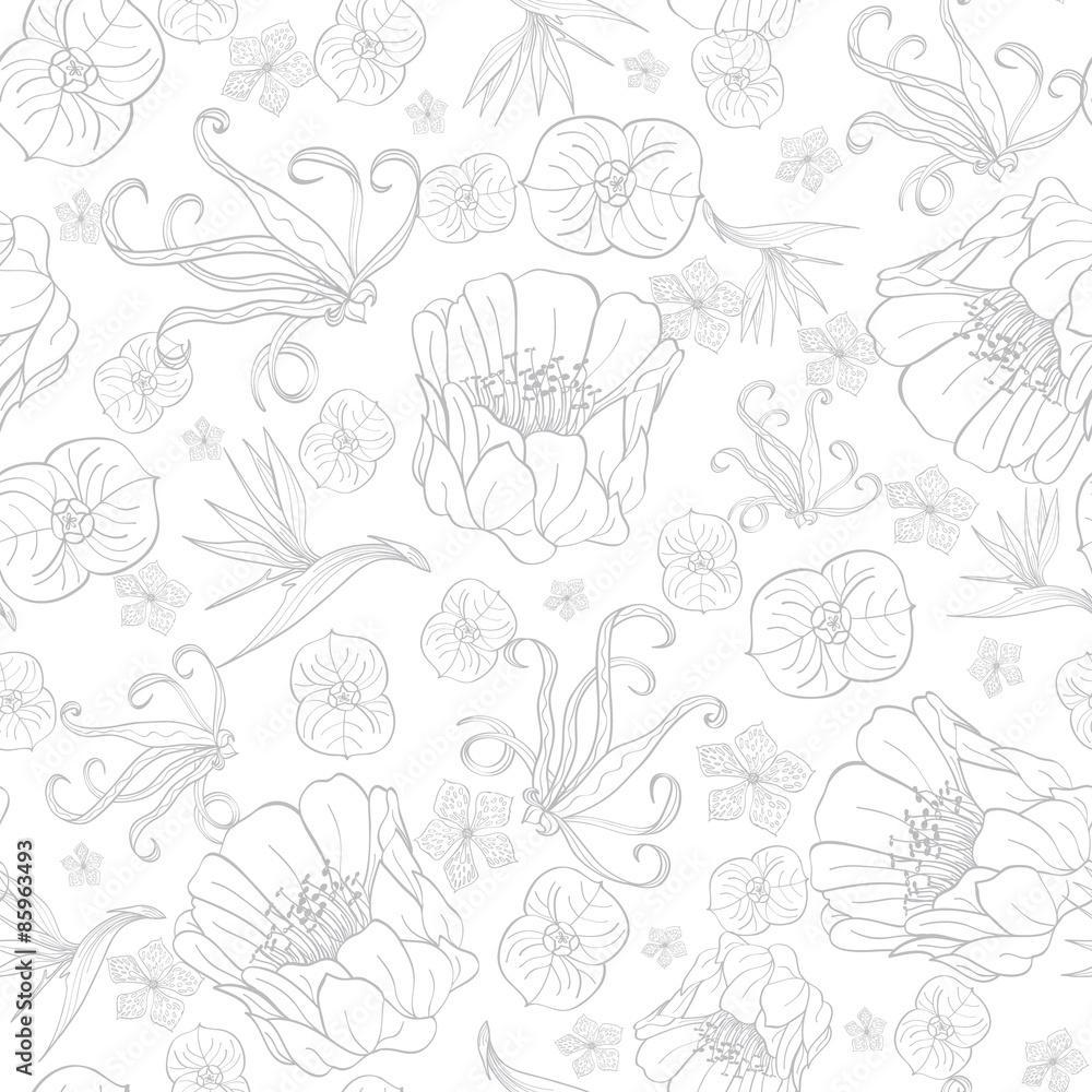 Fototapeta premium Vector Gray Drawing Tropical Flowers Seamless Pattern