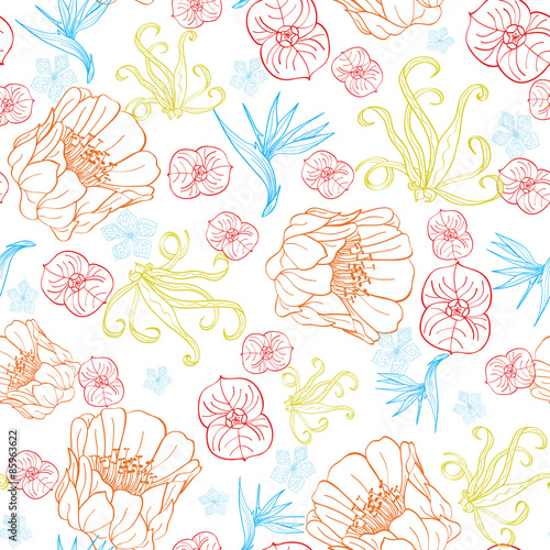Vector Vibrant Tropical Orange Blue Flowers Seamless Pattern