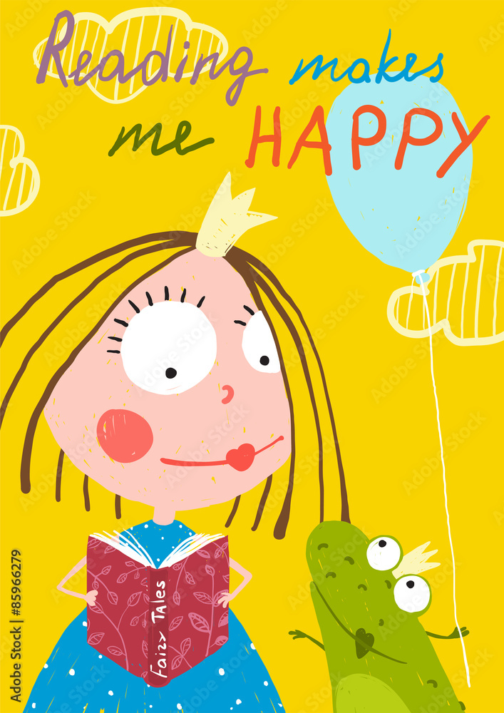 Fototapeta premium Curious Funny Little Girl Reading Fairy Tale Book to a Frog