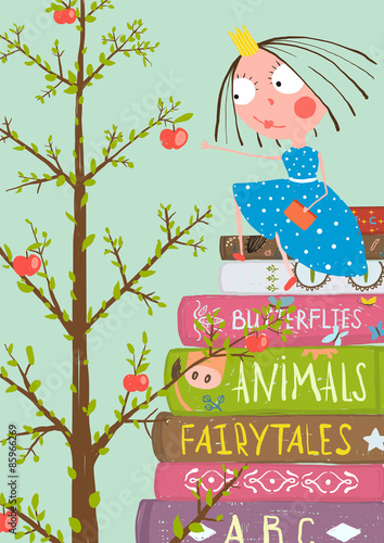 Curious Little Girl with Many Books and Apple Tree