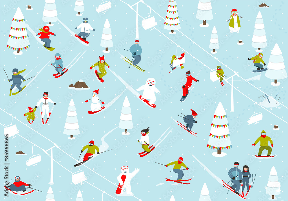 Cartoon Mountain Ski Resort Seamless Pattern Cartoon Mountain Ski Resort Seamless Pattern