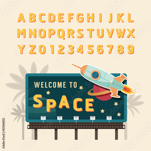 Vector vintage space rocket billboard sign, vintage signboard, v