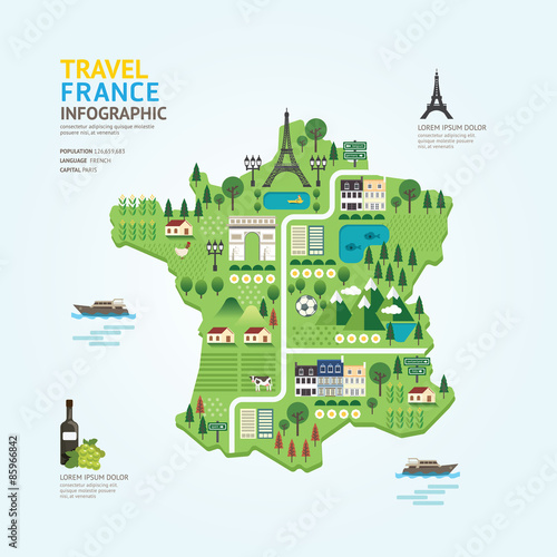 Infographic travel and landmark france map shape template design