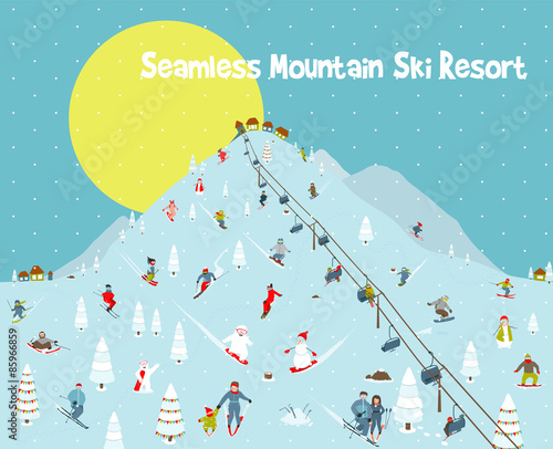 Cartoon Mountains Skyline Ski Resort Seamless Border Pattern