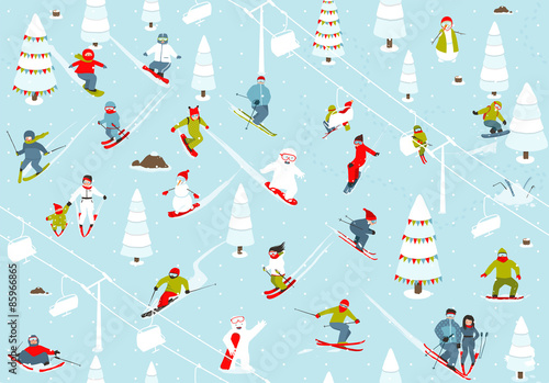 Cartoon Mountain Ski Resort Seamless Pattern