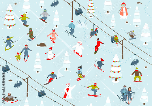 Ski Resort Seamless Pattern with Snowboarders and Skiers
