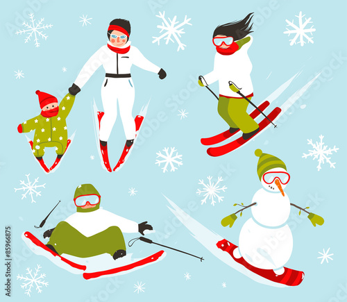 Skier Snowboarder Snowflakes Winter Sport Set