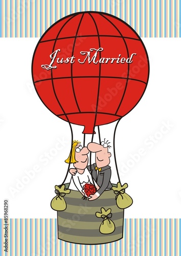 Wedding greeting card, bride and groom in hot air balloon, Just Married,  humorous vector illustration