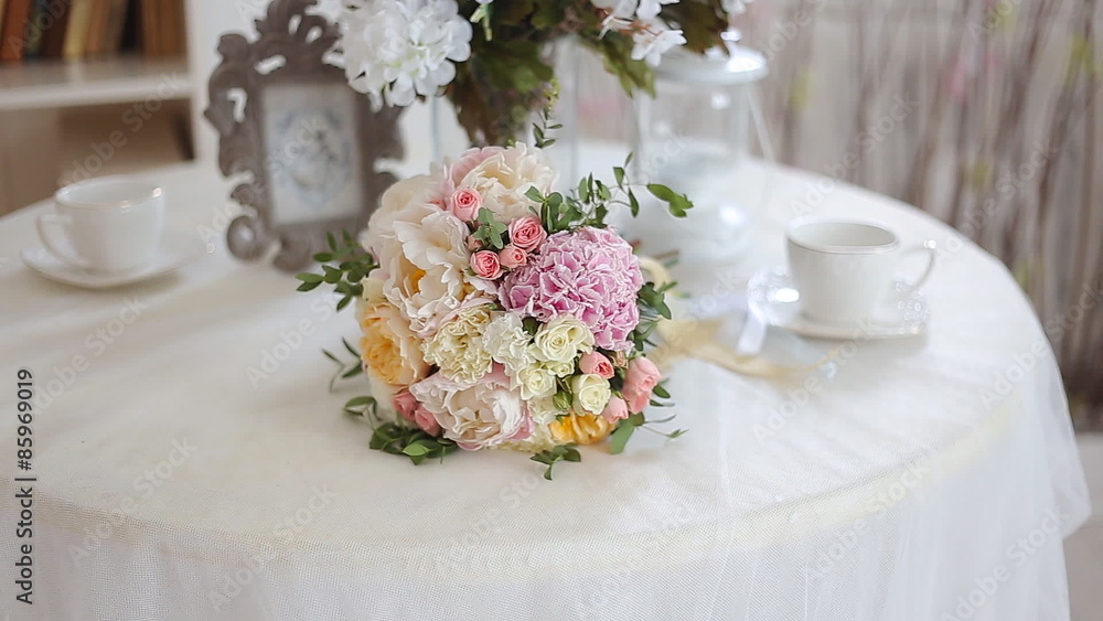 Wedding bouquet of pink roses and peony Wedding bouquet of pink roses and peony