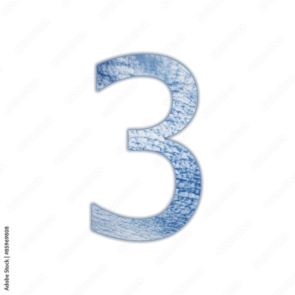 Digit number 3 in sky and clouds texture on white Digit number 3 in sky and clouds texture on white
