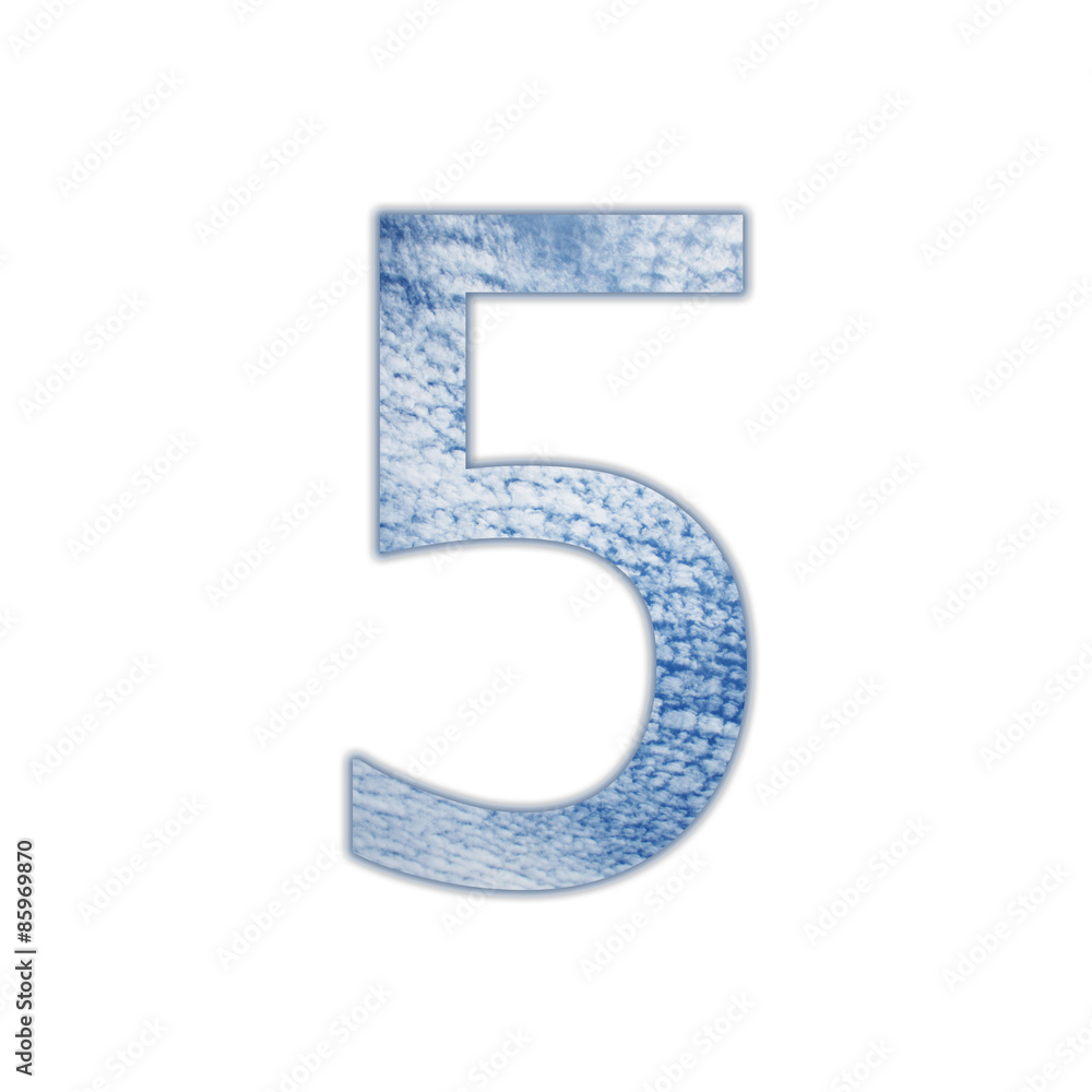 Digit number 5 in sky and clouds texture on white