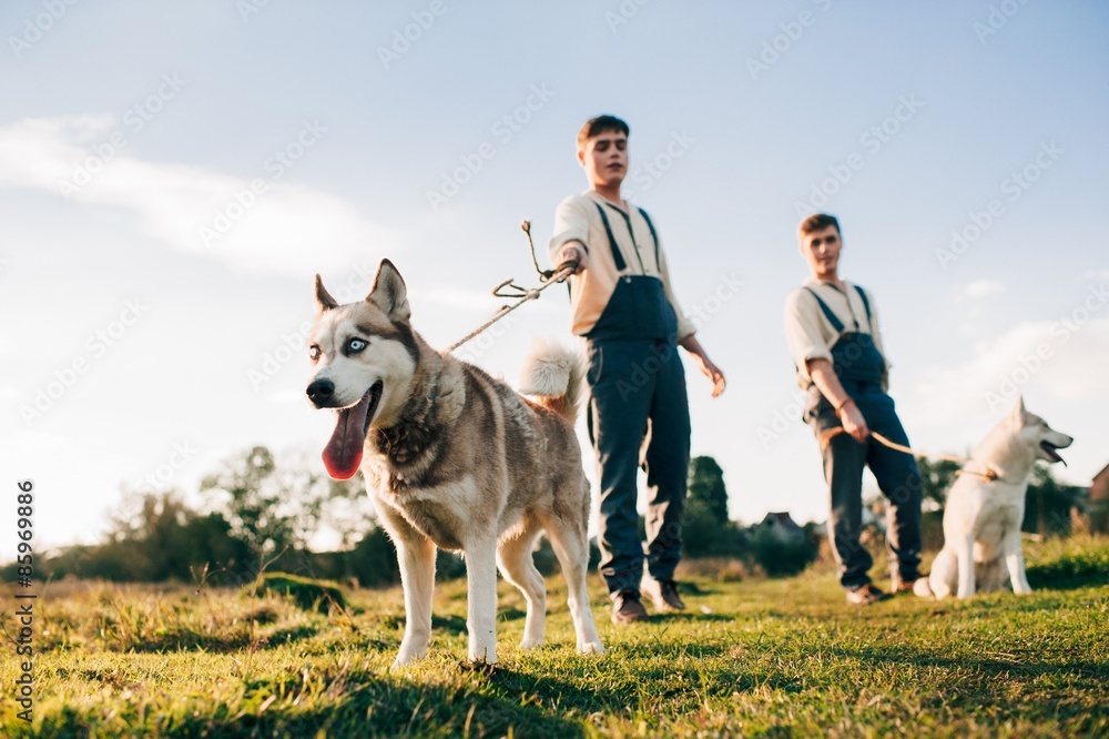 Twins take a walk with the dogs Huskies Twins take a walk with the dogs Huskies