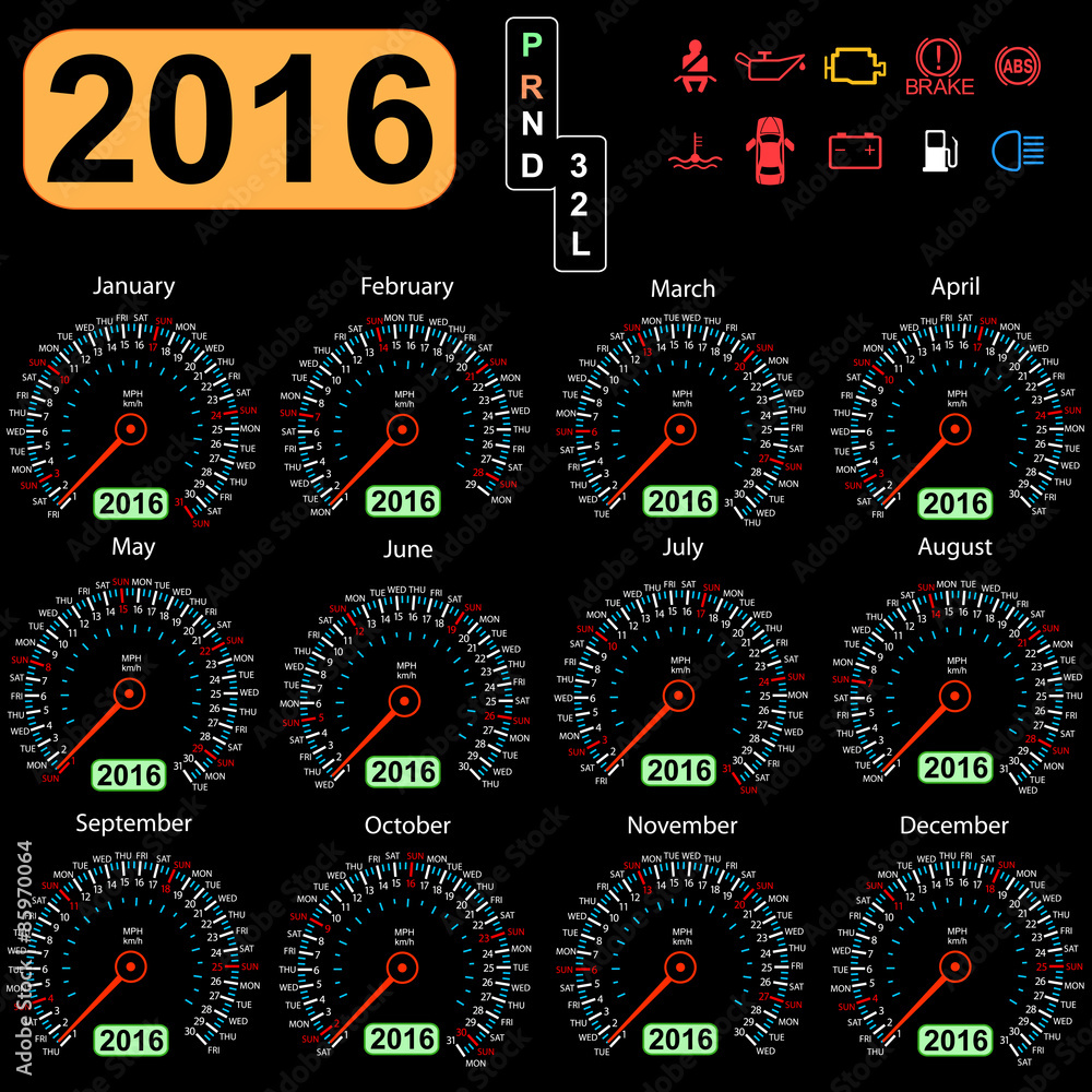 year calendar speedometer car.  Vector illustration.