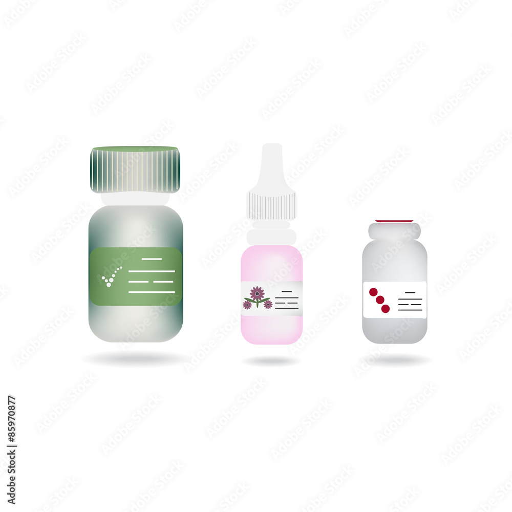 A set of three bottles on isolated background. Vials for A set of three bottles on isolated background. Vials for
